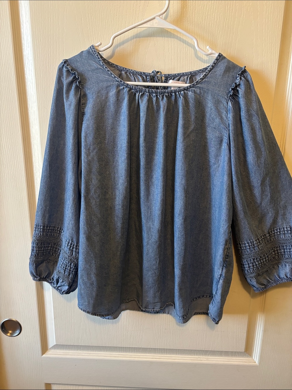 LC Lauren Conrad Washed Blue Chambray Peasant Blouse